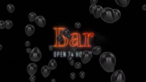 black balloons floating over neon orange bar open 24 hours text signboard against black background