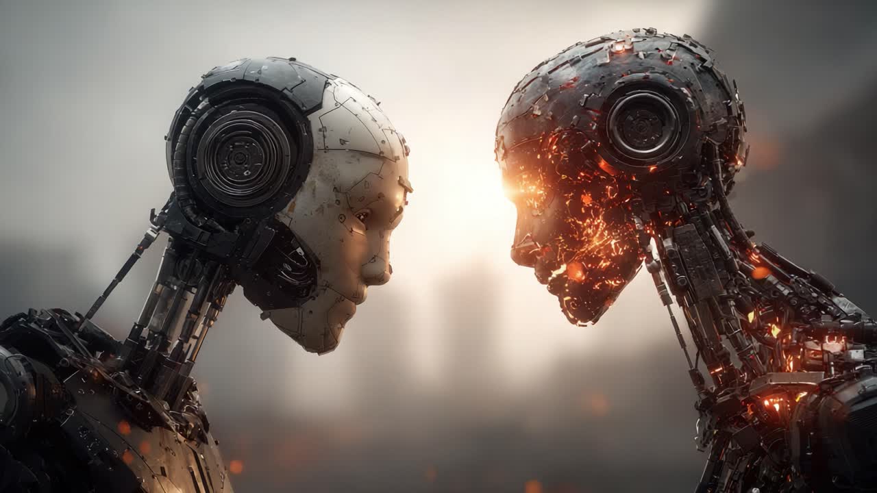 A poignant moment between two advanced humanoid robots, embodying the juxtaposition of creation and destruction, as they face each other against a backdrop of a fading world
