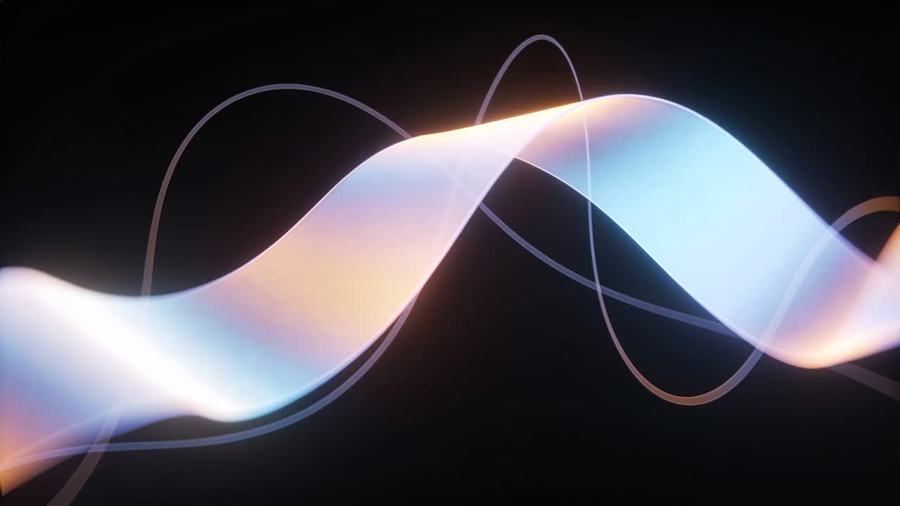 Starting playback, ribbon waving across black void, shifting pastel tones, sines, halo for rhythm