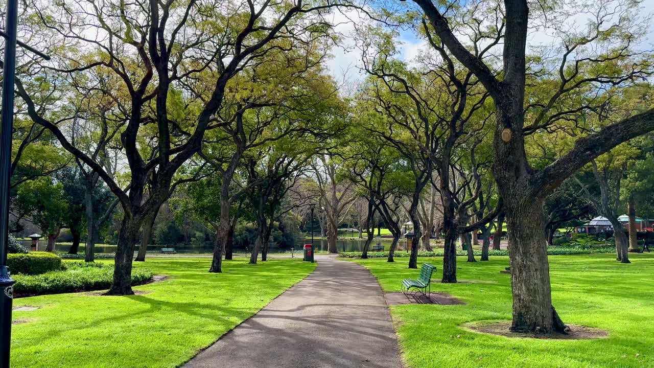 Hyde Park, Perth, Western Australia beautiful green inner city park - path lined with trees in Spring