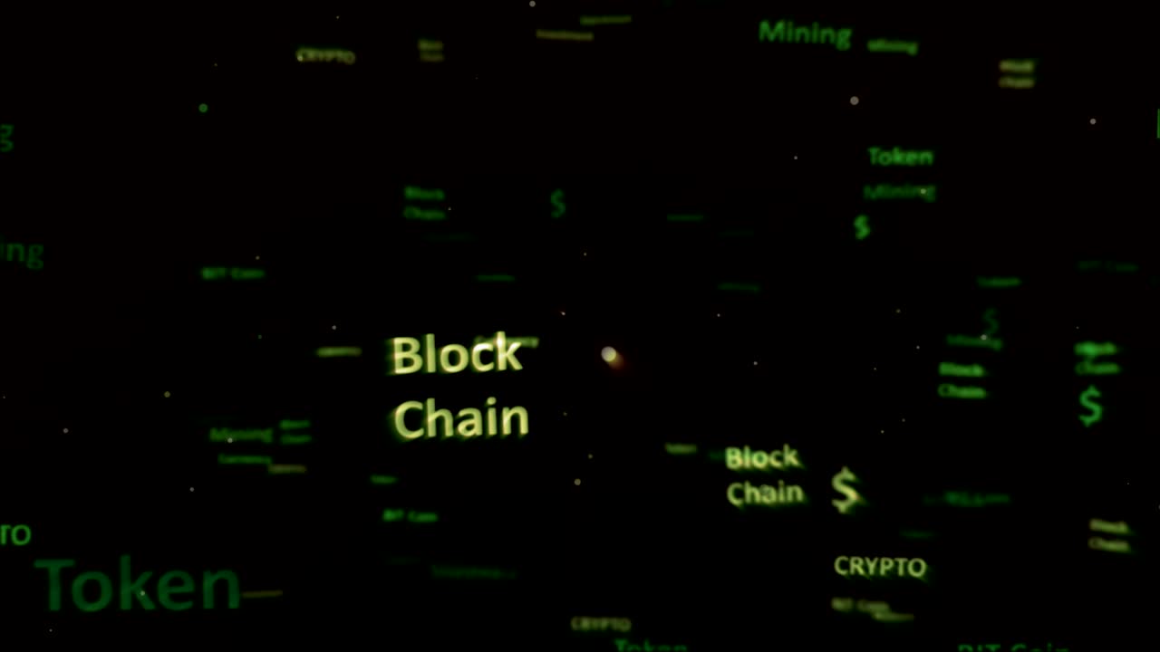 Green tone text word design bitcoin flying word animation background.