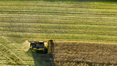 A-combine-harvester-in-action,-cutting-a-wide-path-through-a-field-of-crops