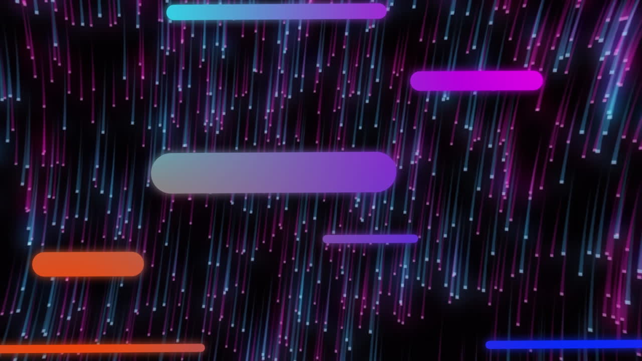 Animation von bunten Kapselformen, die sich über blaue und lila Sternschnuppen auf schwarzem Hintergrund bewegen