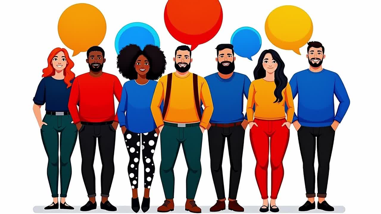 A group of people standing in a line with speech bubbles above their heads