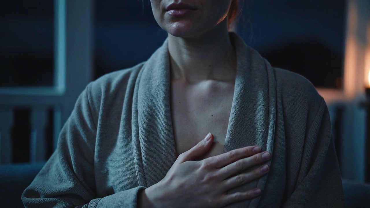 Donna adulta che si accomoda sul divano, si porta la mano destra sul petto e sistema il risvolto dell'accappatoio, lampada.