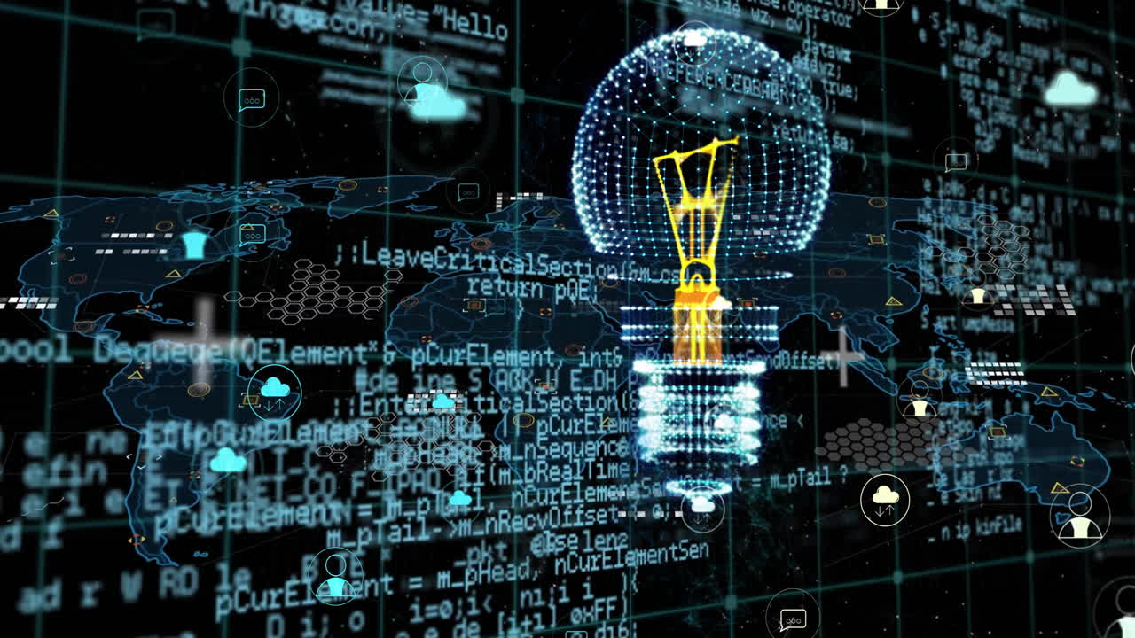 Animation of digital lightbulb and media icons over world map and data processing