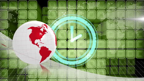 animation of globe and clock moving fast over green squares digital screen