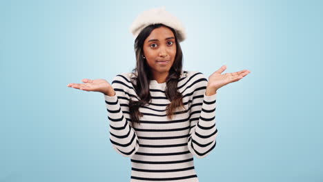 shrug, choice and face of woman in a studio