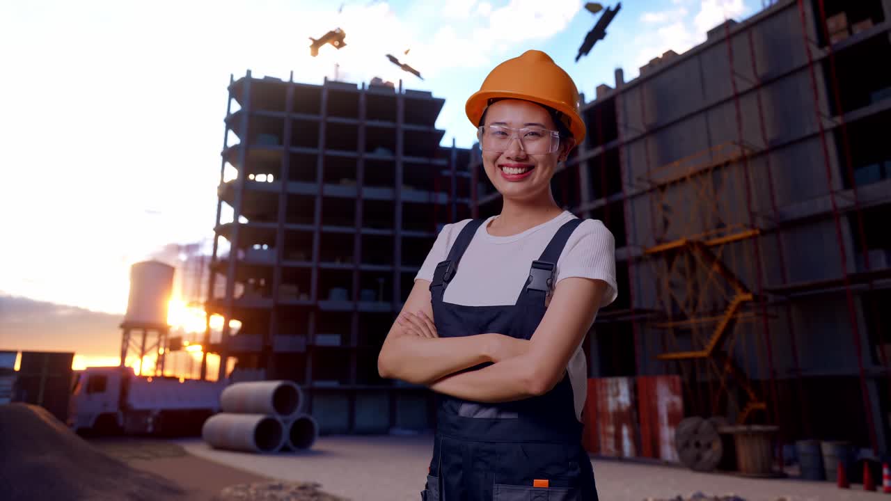 Side View Of Asian Woman Worker Wearing Goggles And Safety Helmet Smiling And Crossing Her Arms While Standing At Construction Site