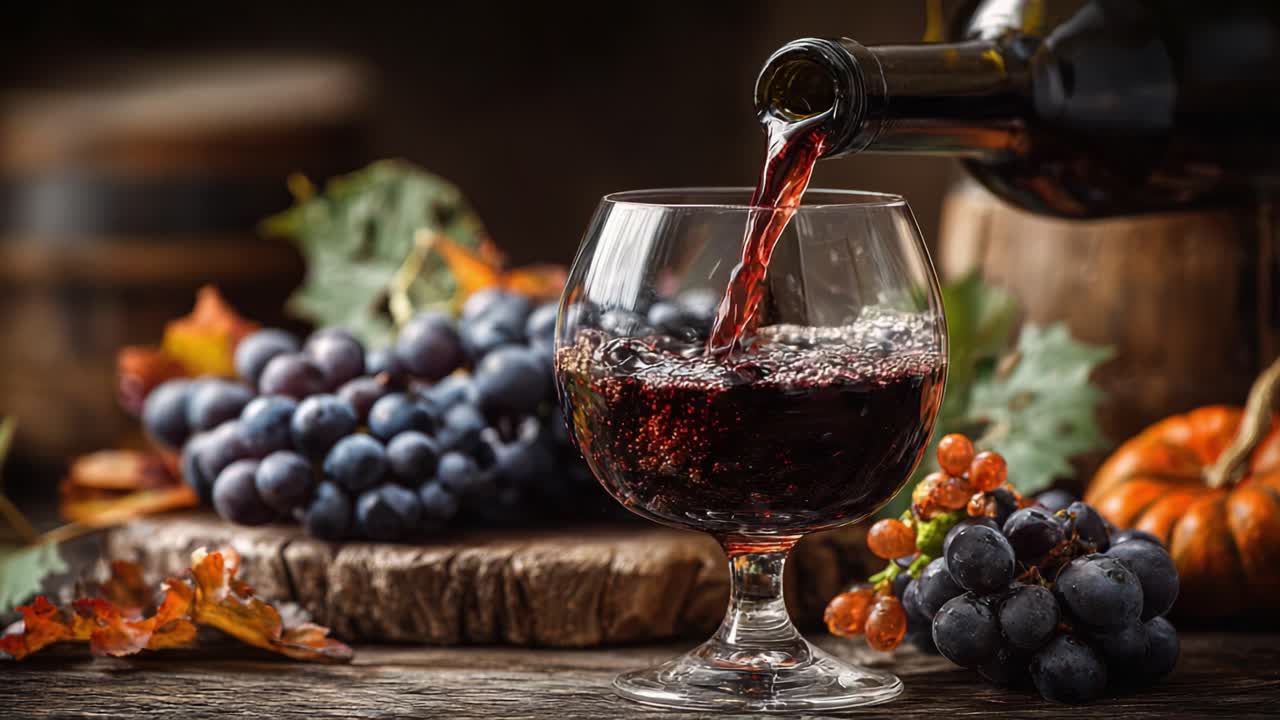 A Rich Glass of Red Wine Poured from a Bottle Surrounded by Lush Grapes and Seasonal Decor, Celebrating the Essence of Harvest and Indulgence