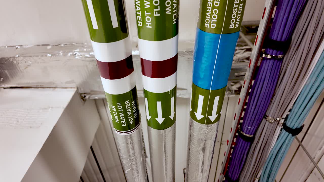 Insulated hot water and boosted cold water pipes with network cables in an industrial ceiling