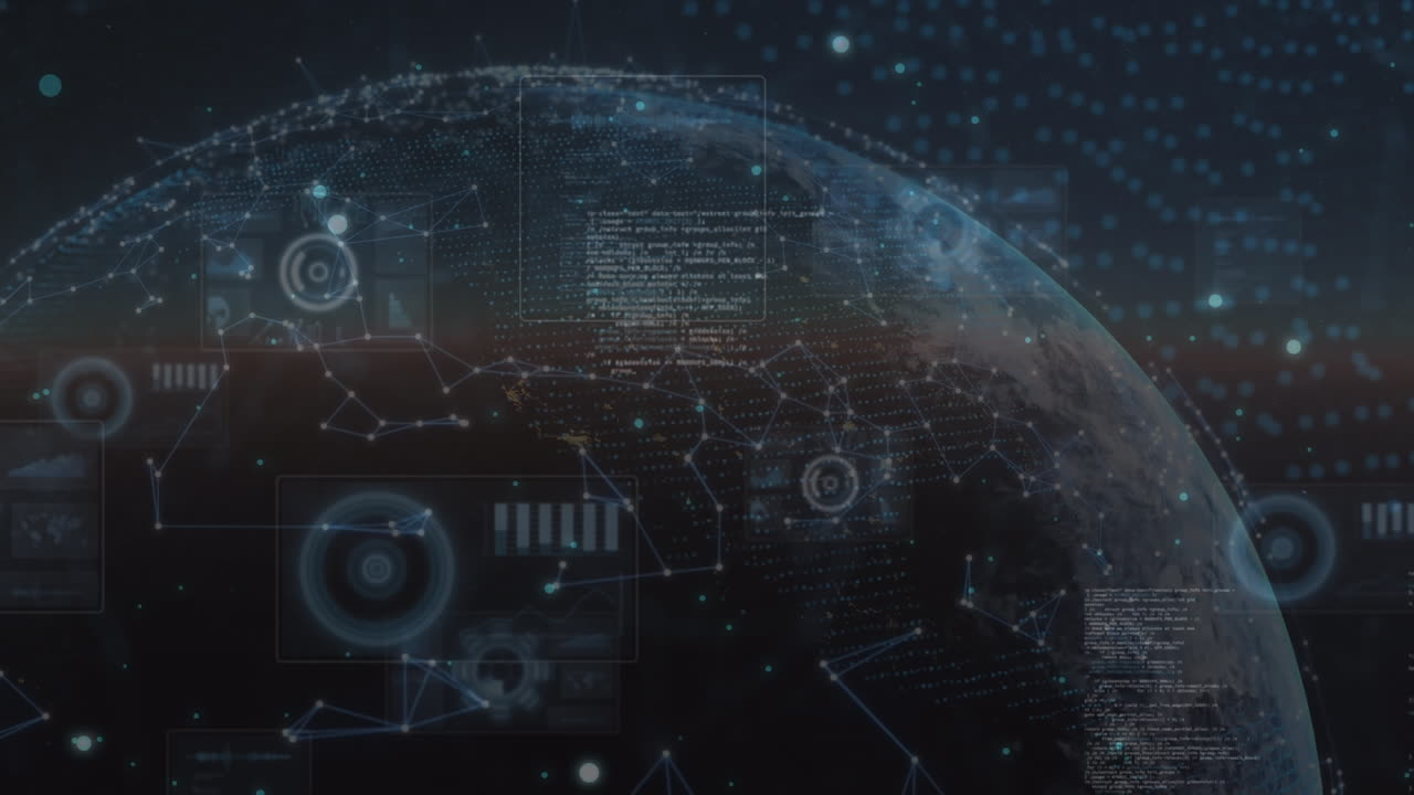 Animation of globe and data processing on black background