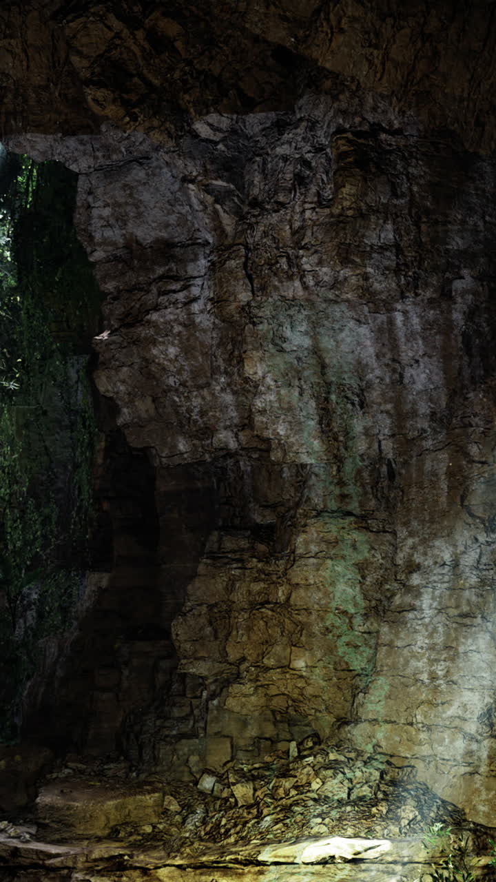 Sunlight filtering through cave openings into lush greenery