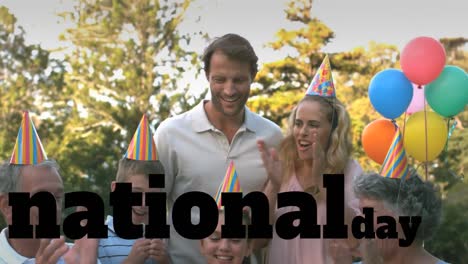 animation of national pizza day text over happy caucasian family