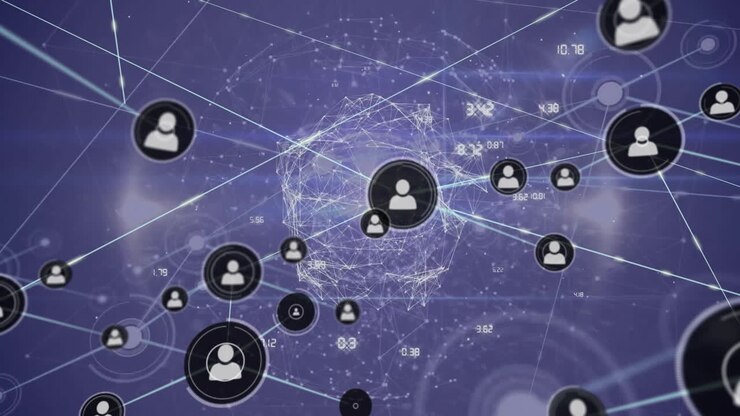 Animation of network of connections with icons on purple background