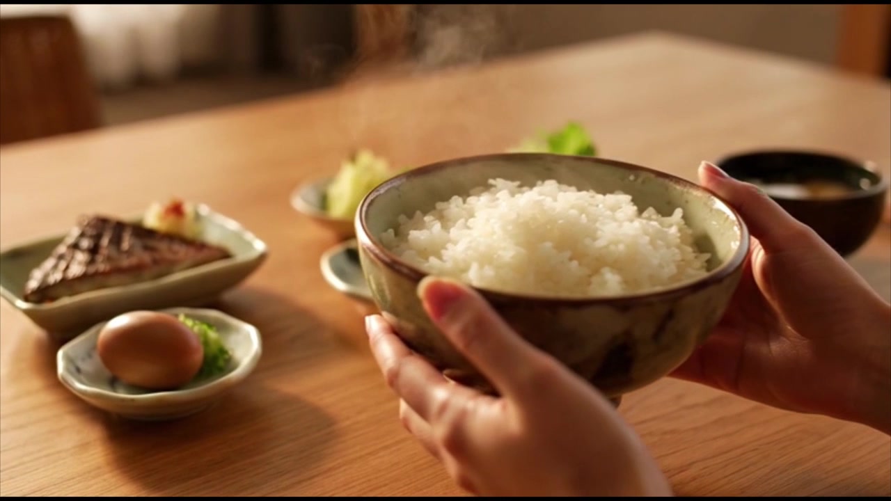 炊きたての白いご飯が入った湯気の立つ茶碗を持つ人
