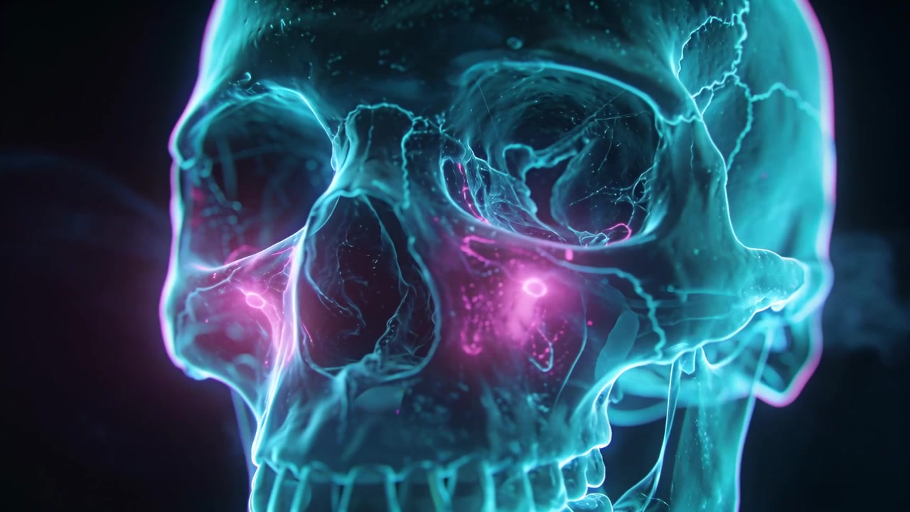 Teschio ciano al neon rotante che rivela nodi guanciali magenta in un vuoto oscuro, con filamenti ciano e denti.