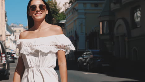 woman walking in a city street