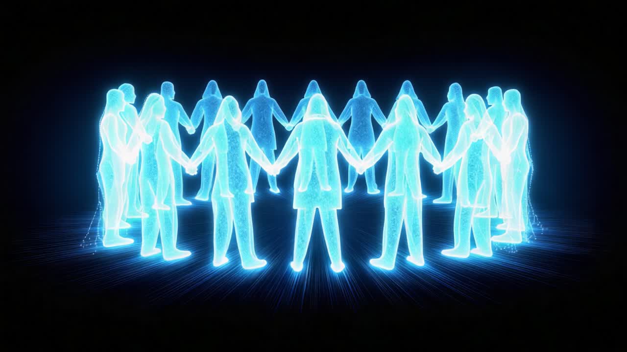 Digital group of business people holding hands in a circle, representing teamwork, unity, and a futuristic corporate community in a seamless loop animation on a black background