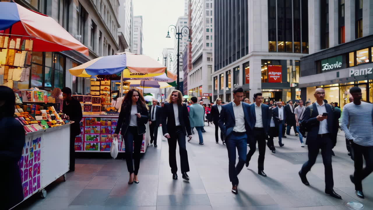 escena de la calle de la ciudad ocupada con peatones