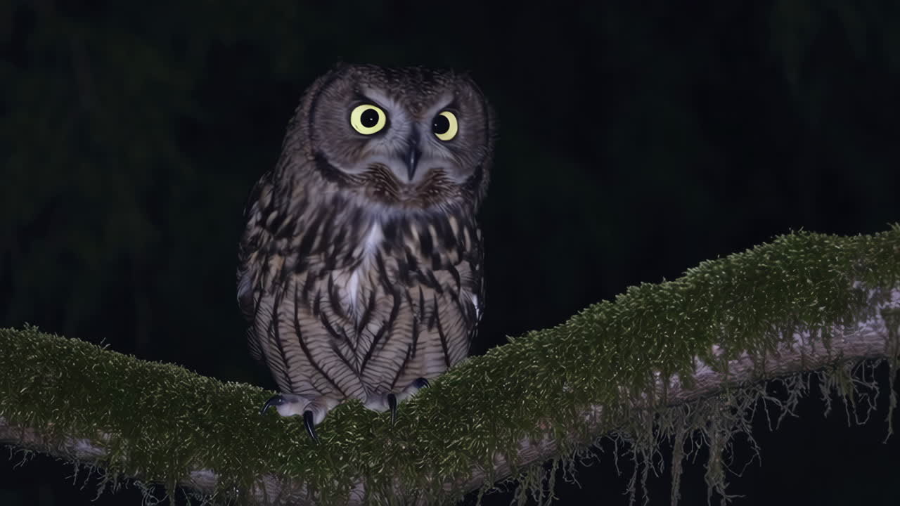 Nocturnal Owl on a Mossy Branch
