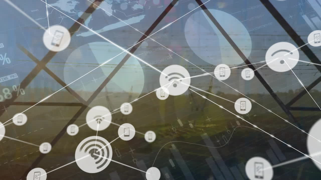 animación de la red de conexiones con iconos sobre pilares de electricidad