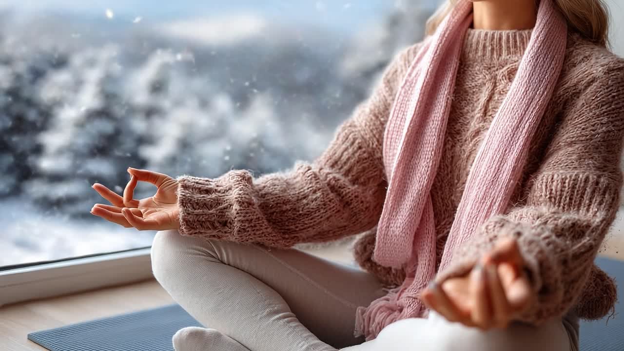 Embracing Serenity: A Peaceful Woman Meditates by a Snowy Window, Reconnecting with Inner Calm Amidst Winter&amp;#039;s Elegant Beauty