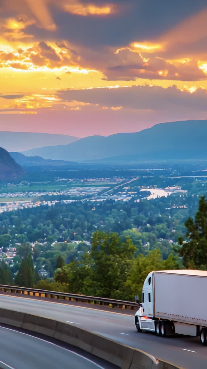 Trucks Journeying Through Serene Landscape at Sunset with Majestic Mountains and Radiant Sky: A Captivating View of Nature's Beauty During Golden Hour