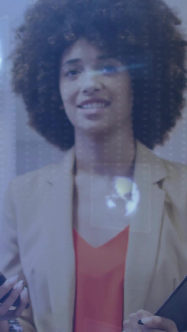 Vertical video: Woman tapping phone and causing AR biz charts analyzing stats, looking up around