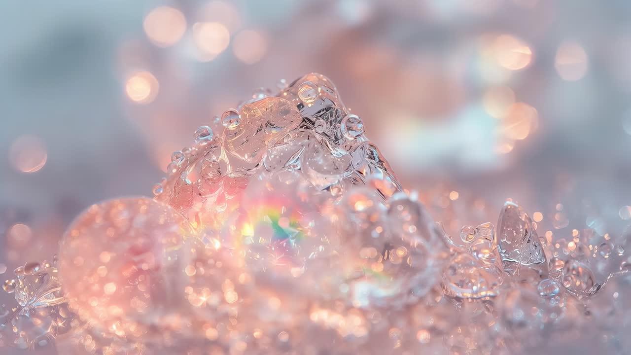 Shifting light bathing crystal cluster on macro table, showing prism rainbow, glitter beads, bokeh