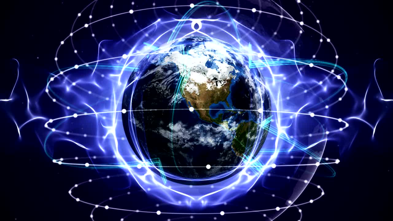 en el anillo de partículas de la tierra, concepto de red de conexión animación, renderización, fondo, bucle