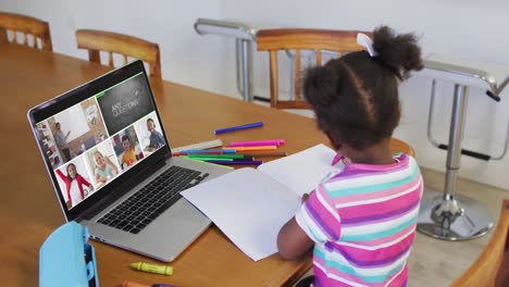 Schoolgirl-using-laptop-for-online-lesson-at-home,-with-diverse-teacher-and-class-on-screen