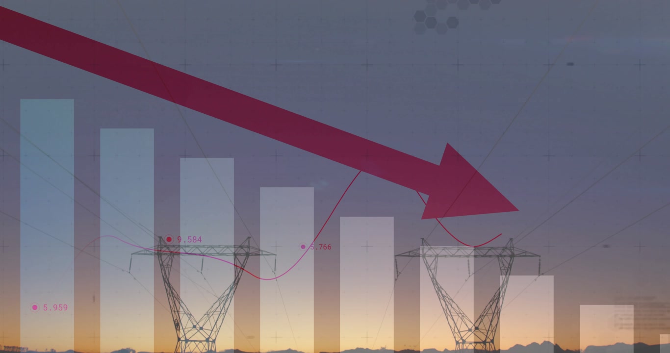 On start, red arrow moving right, bars dropping, towers appearing, showing energy sector decline