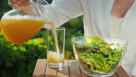 a healthy breakfast near a little vegetable garden