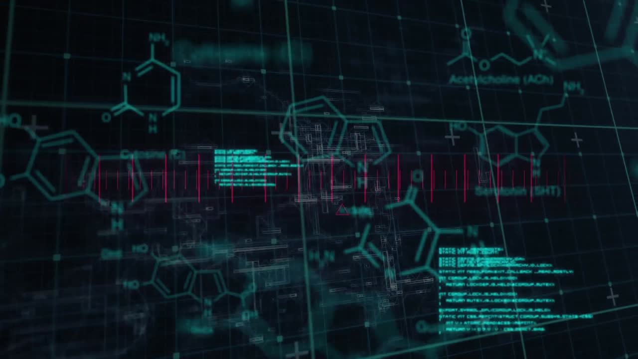animación del procesamiento de datos y la fórmula química sobre líneas en fondo negro