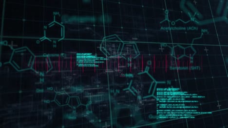 animation of data processing and chemical formula over lines on black backrgound