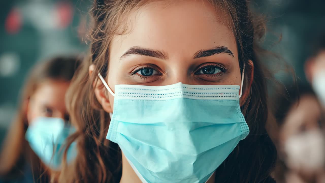 Collage of portraits of a high school student wearing a surgical mask in a classroom, looking at camera with her classmates in the background