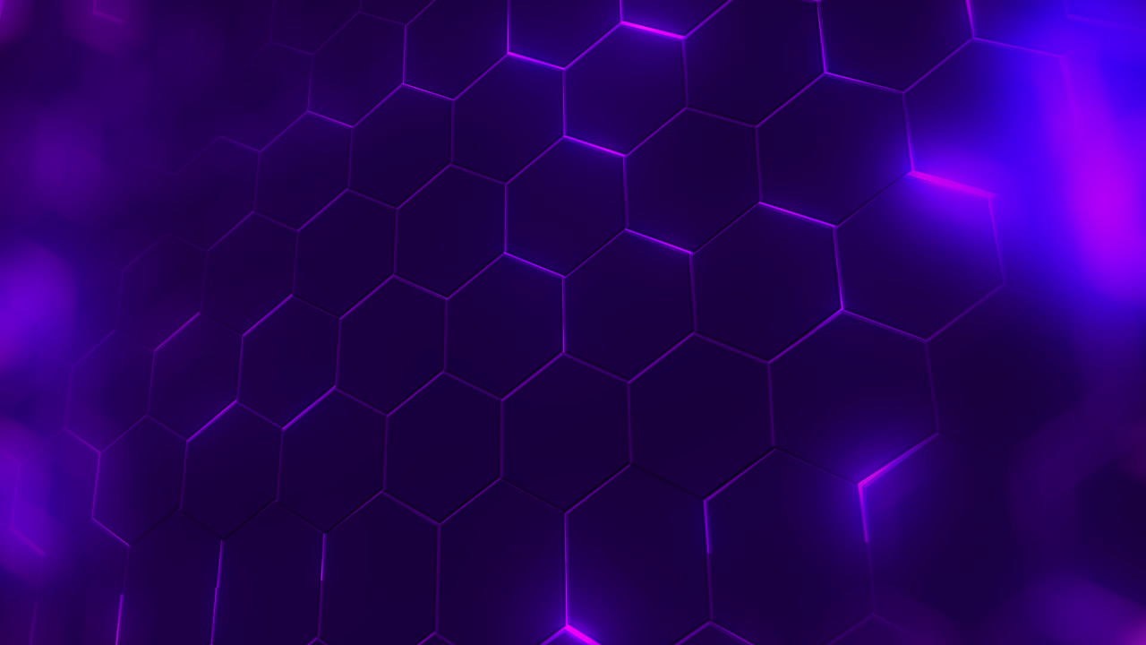 Purple hexagonal shapes on a dark background with glowing rays. Looped motion graphics with nice bokeh.