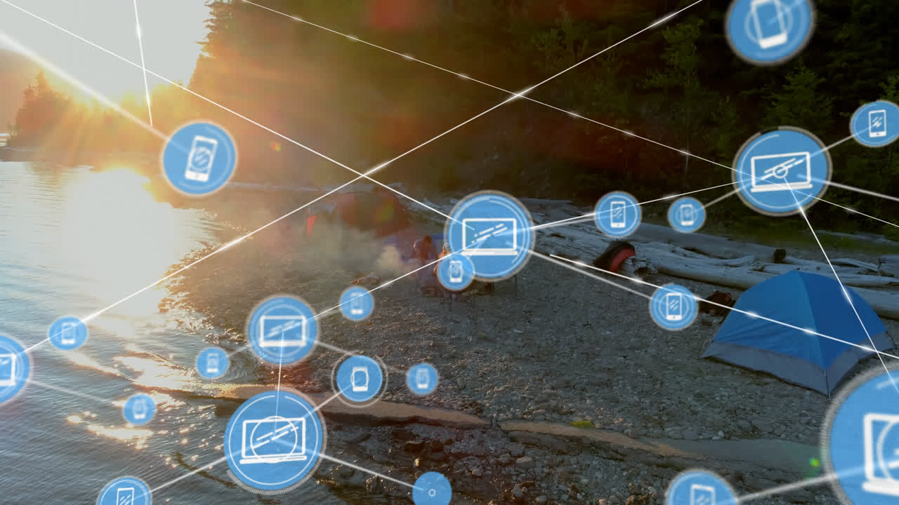 캠핑에 있는 사람들에 대한 연결 네트워크와 아이콘의 애니메이션