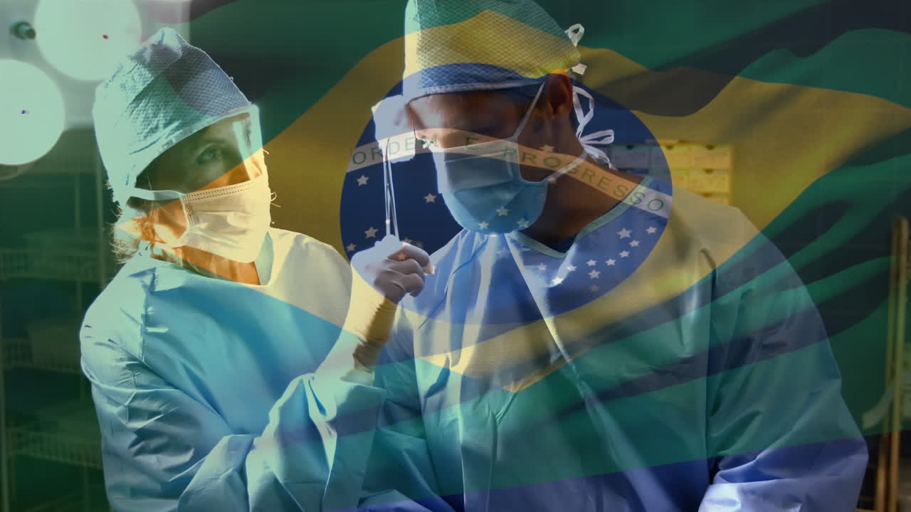 얼굴 마스크를 쓴 외과 의사 들 위 에 흔들리는 브라질 국기 의 애니메이션