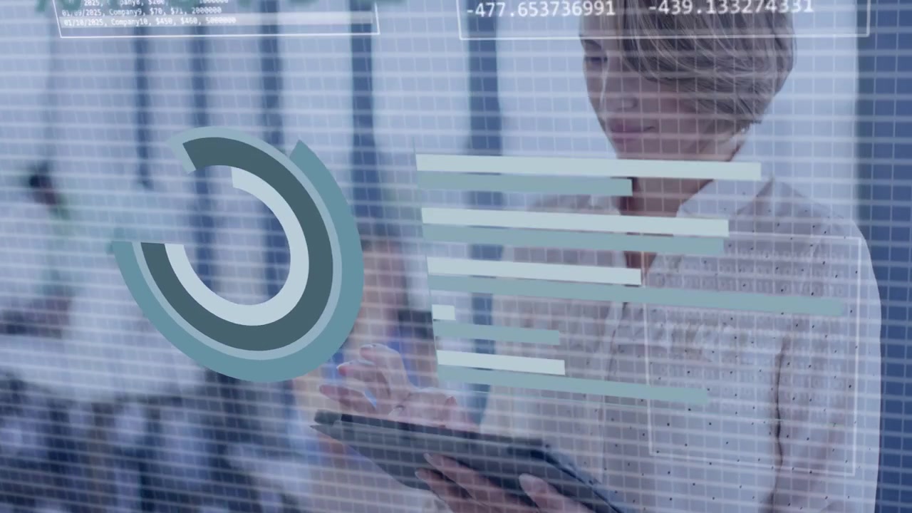 Woman tapping tablet, updating data panels and animating pie, waveform for business analytics