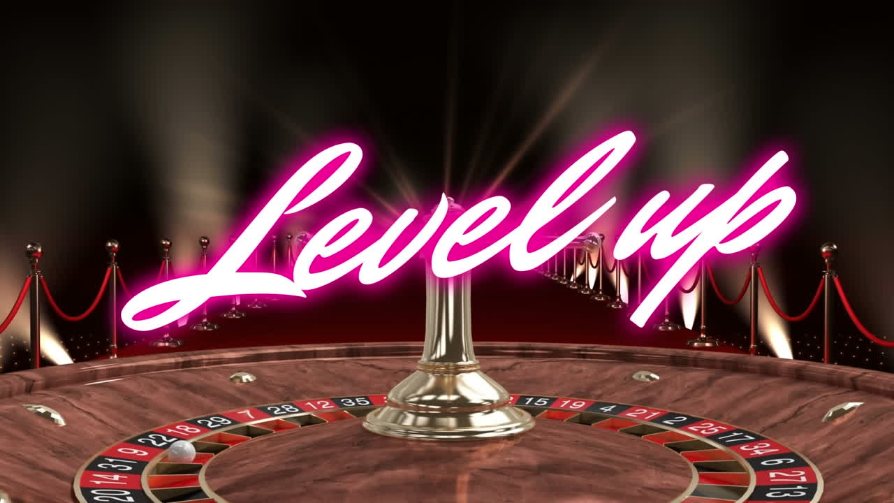 카지노  배경 위에 네온 레벨 업 텍스트의 애니메이션