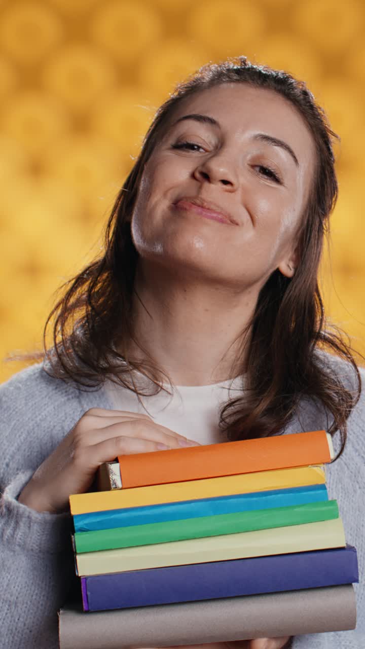 Mulher jovem e feliz segurando uma pilha de livros coloridos e fazendo sinal de positivo
