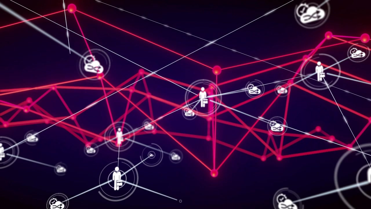 White line appearing and sweeping central pictogram linking nodes pink mesh pulsing showing network