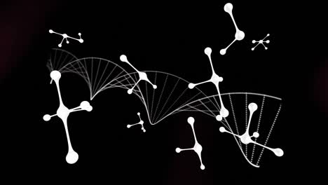 Animation-of-molecular-structures-floating-and-dna-structure-spinning-against-black-background