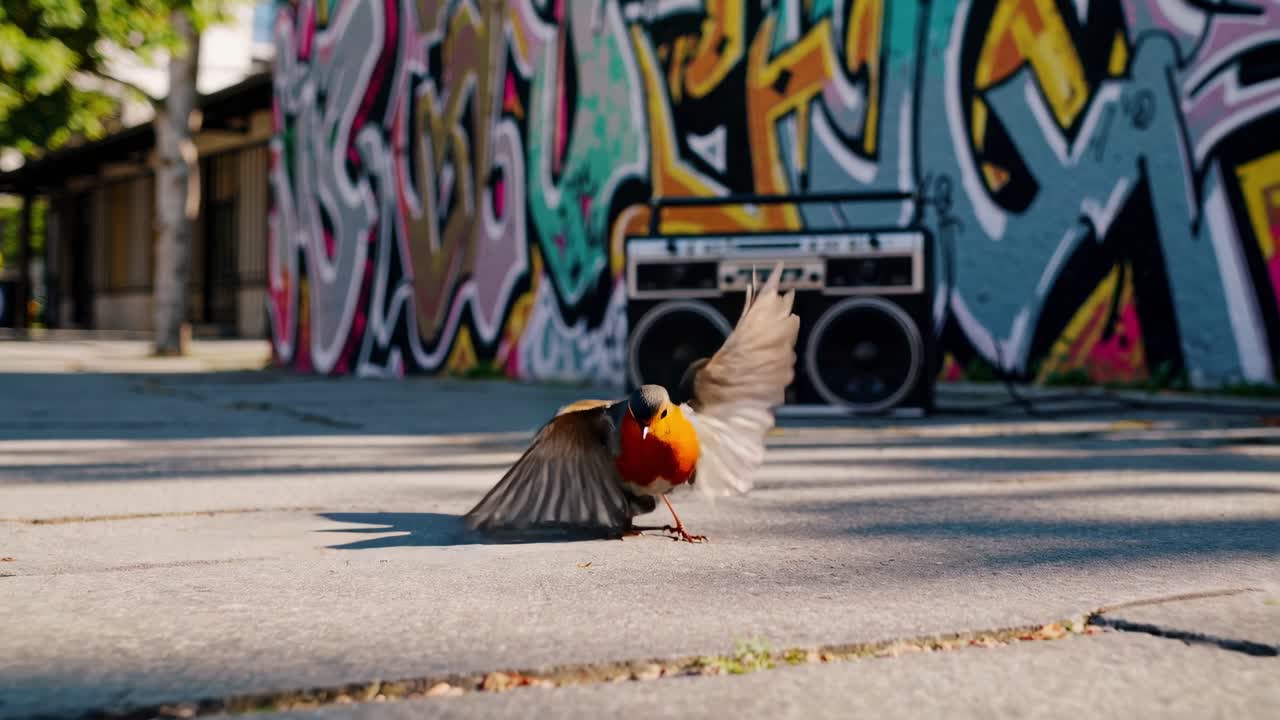 Colorful bird gracefully moves across urban pavement, showcasing vibrant graffiti backdrop and a vintage boombox, capturing the lively essence of street life