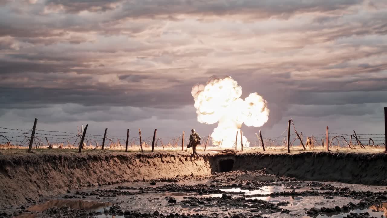 Dramatic low-angle video shot of a muddy battlefield with barbed wire, dark stormy clouds