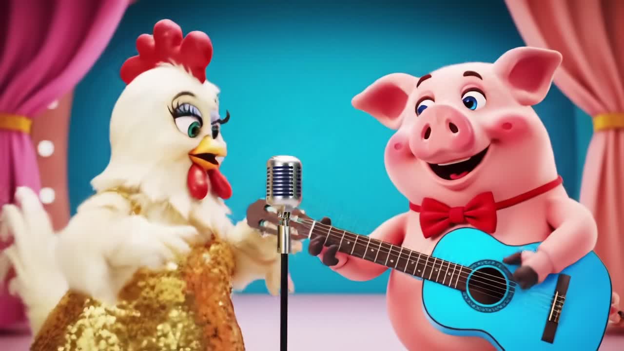 A lively performance featuring a cheerful chicken and a joyful pig in a colorful setting, showcasing their talent as they entertain with music and camaraderie