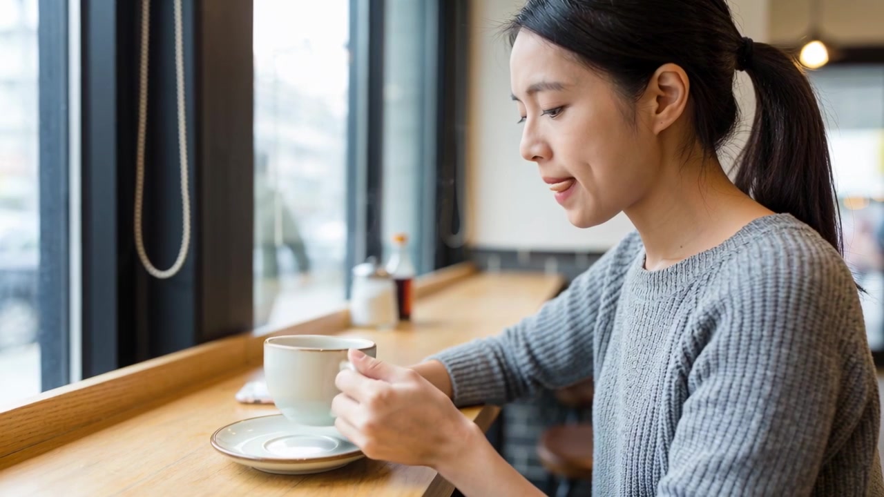 Donna con maglione grigio che solleva la tazza e sorseggia pensierosa al bancone vicino alla finestra, con piattino e smartphone.
