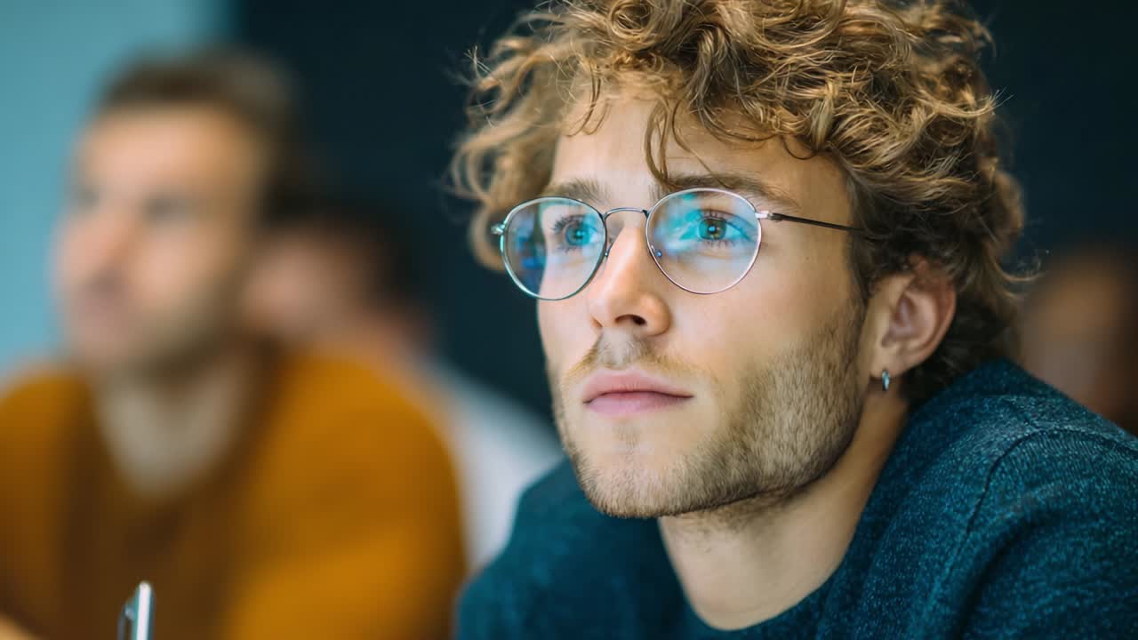 A young man with curly hair and glasses is deeply engaged and contemplative during a learning session, highlighting moments of focus, introspection, and active participation among peers